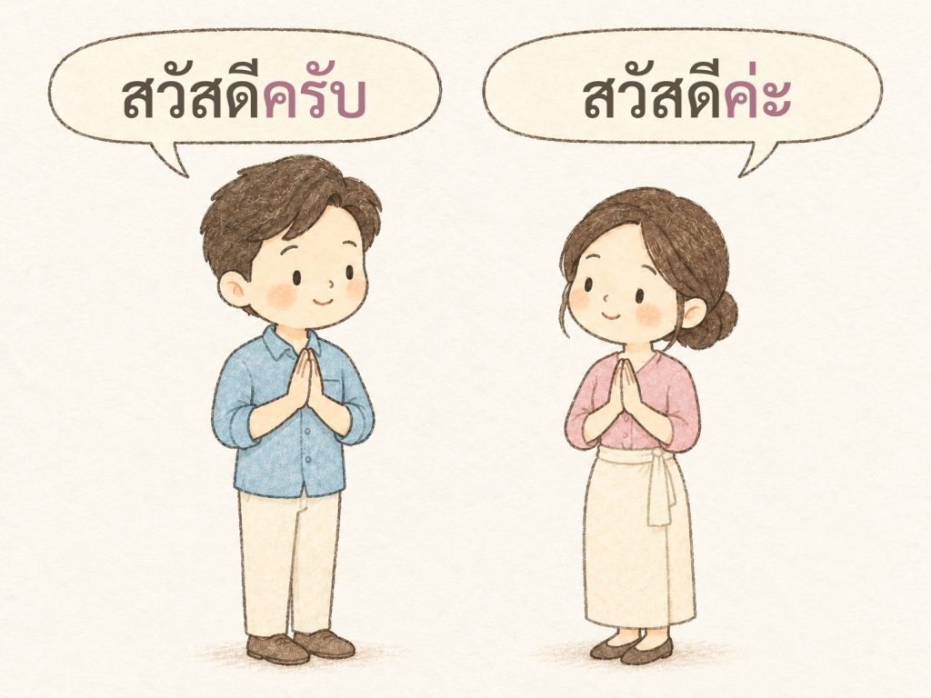 Hand-drawn illustration of a Thai man and woman greeting with a wai: สวัสดีครับ and สวัสดีค่ะ