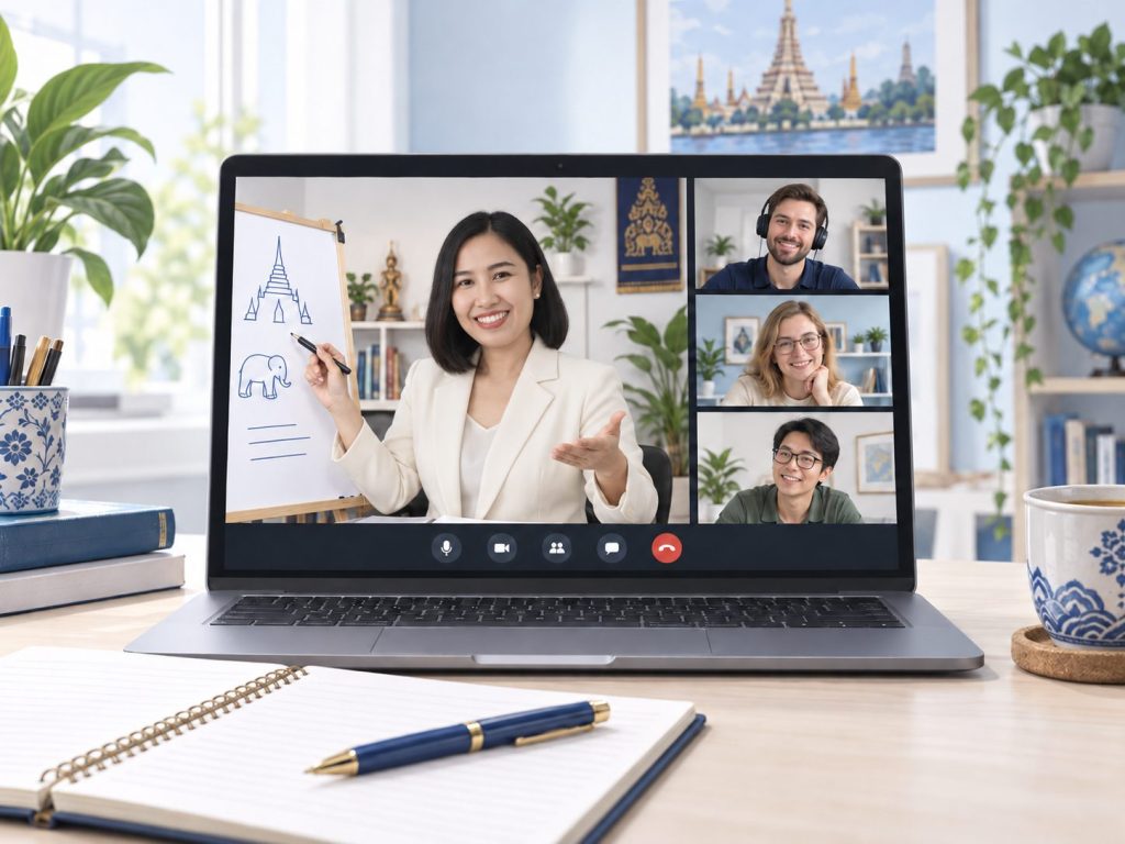 Illustration of Kru Aoy teaching students in an online video lesson