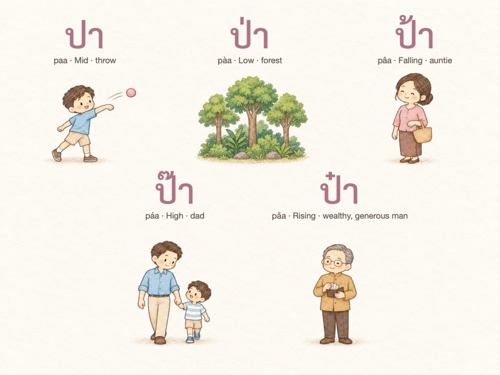 Five illustrated Thai paa words: a boy throwing a ball, a forest, an auntie, a dad with his child, and a wealthy older man.